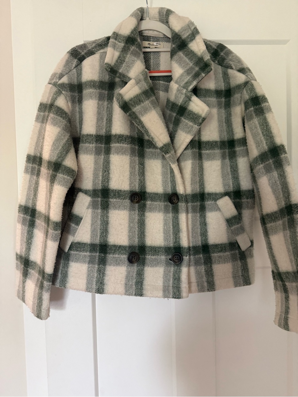 Madewell Green & Cream Plaid Double-Breasted Pea Coat